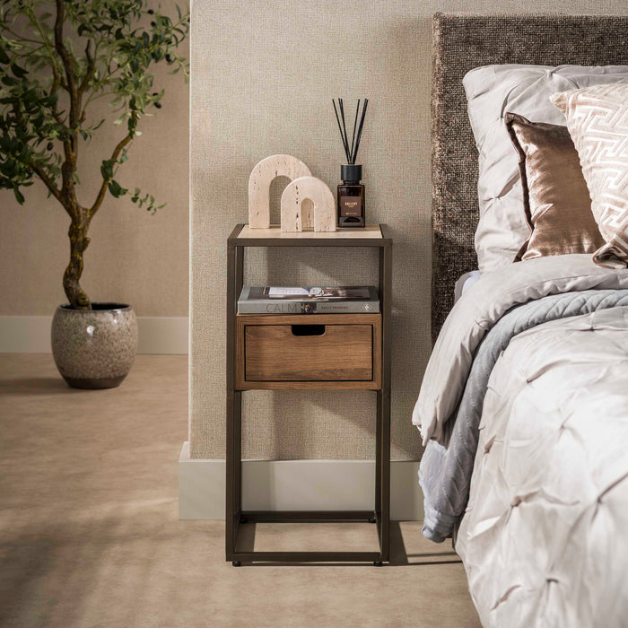 LifestyleFurn Nachtkastje Nikka Eikenlook en travertinlook, Met 1 lade - Bruin