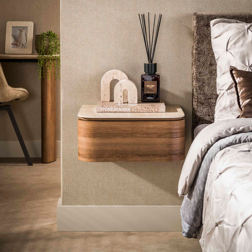 LifestyleFurn Zwevend Nachtkastje Nikka Eikenlook en travertinlook, Met 1 lade - Bruin