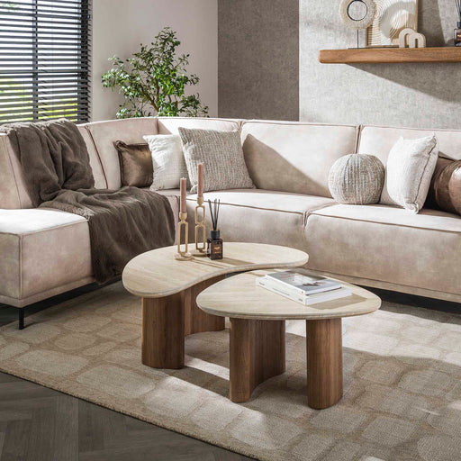 LifestyleFurn Organische Salontafel Laycie Keramiek in Travertinlook, Set van 2 stuks - Ceramic travertine - Japandi