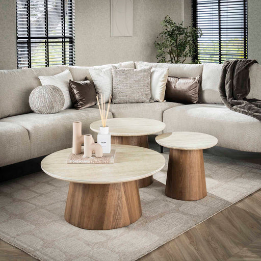 LifestyleFurn Ronde Salontafel Laycie Keramiek in Travertin-look, Set van 3 stuks - Bruin - Japandi - ThatLyfeStyle