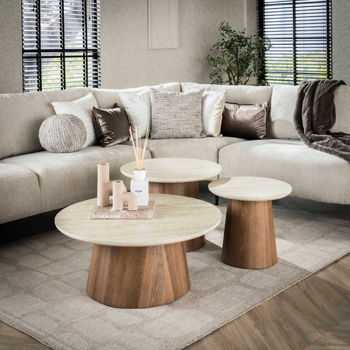 LifestyleFurn Ronde Salontafel Laycie Keramiek in Travertin-look, Set van 3 stuks - Bruin - Japandi