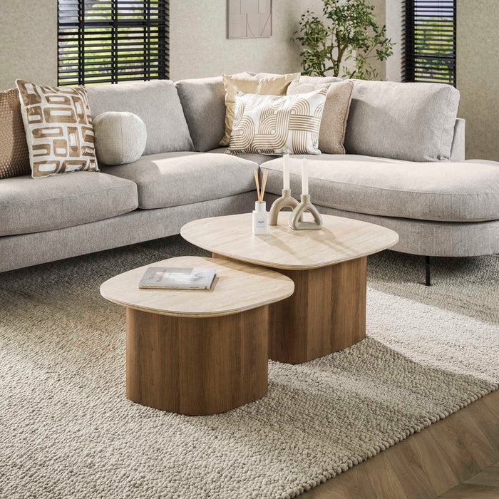 LifestyleFurn Organische Salontafel Laycie Keramiek in Travertinlook, Set van 2 stuks - Ceramic travertine