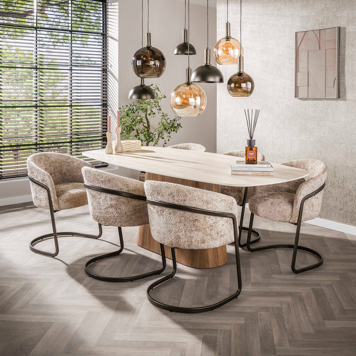 LifestyleFurn Deens Ovale Eettafel Laycie Keramiek in Travertin-look, 215 x 105cm - Bruin - Ovaal
