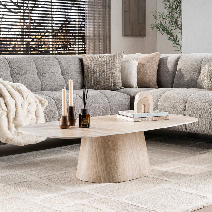 LifestyleFurn Deens Ovale Salontafel Indar Keramiek in Travertinlook, 135 x 70cm - Beige - Ovaal - ThatLyfeStyle