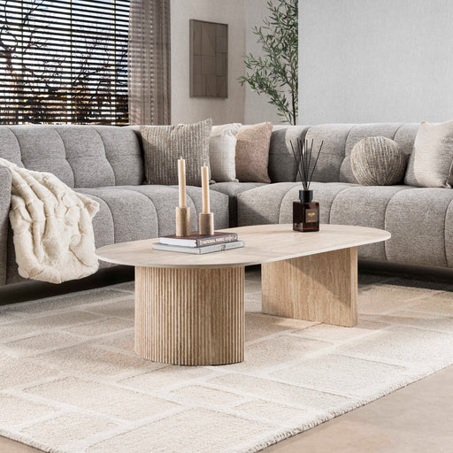 LifestyleFurn Ovale Salontafel Laycie Keramiek in Travertin-look, 135 x 70cm - Beige - Ovaal - ThatLyfeStyle