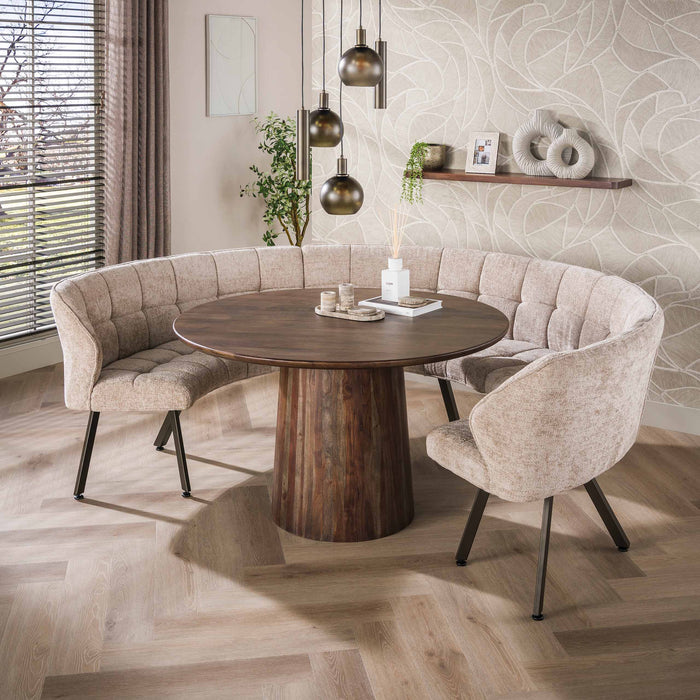 LifestyleFurn Ronde Eetkamerbank Thandie 3-delig, Hoven stof - Zand/Bruin