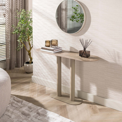 LifestyleFurn Sidetable Atif Keramiek in travertinlook, 120cm - Beige - Ovaal