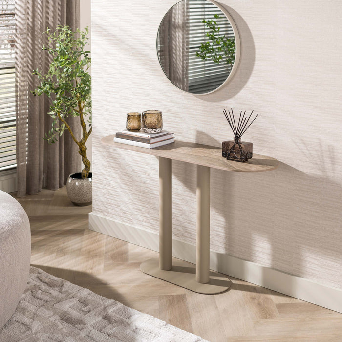 LifestyleFurn Sidetable Atif Keramiek in travertinlook, 120cm - Beige - Ovaal