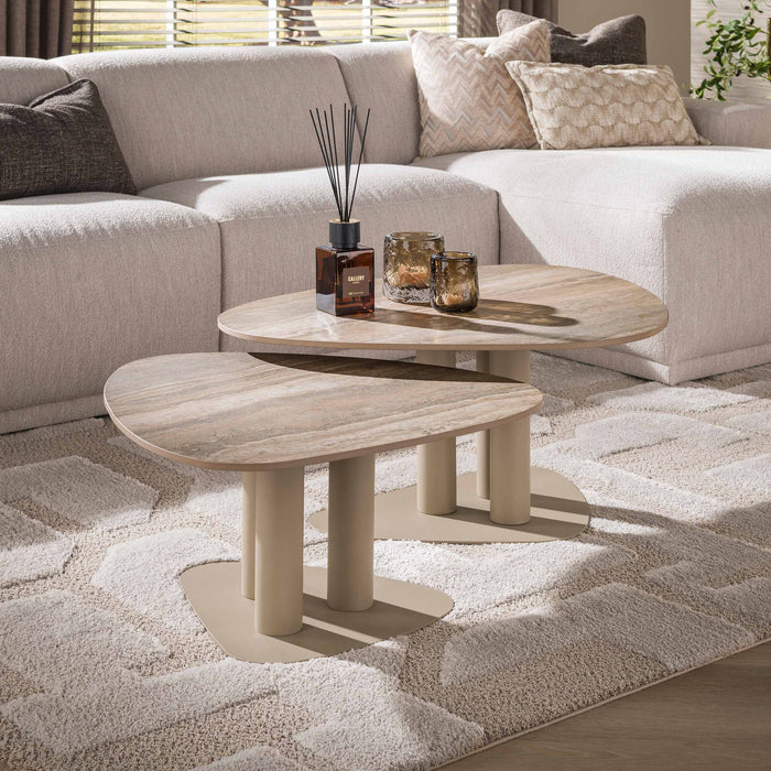 LifestyleFurn Organische Salontafel Atif Keramiek in travertinlook, Set van 2 stuks - Zand
