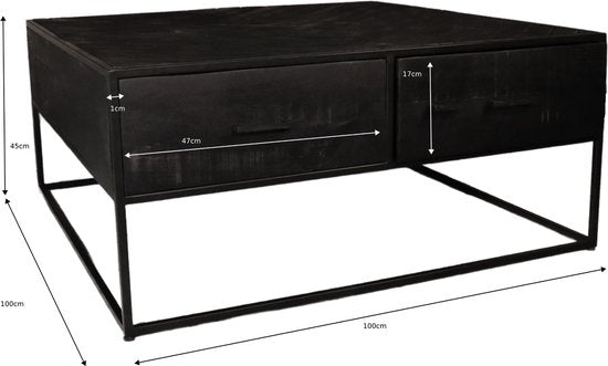 Salontafel vierkant industrieel mangohout 100cm zwart visgraat - ThatLyfeStyle