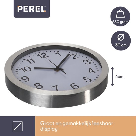 Perel Wandklok, rond, analoog, 30 cm, (DCF), aluminium, zilver - ThatLyfeStyle