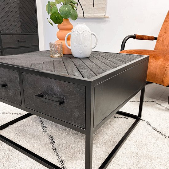 HUUS Salontafel Floor - Vierkant - Visgraat - Zwart - Mangohout - ThatLyfeStyle