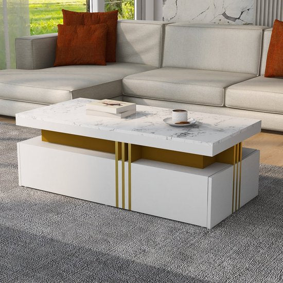 Merax Rechthoekige Salontafel Hoogglans Marmerlook Wit - ThatLyfeStyle