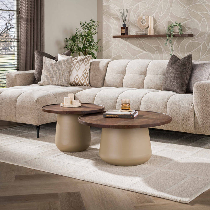LifestyleFurn Ronde Salontafel Abagail Acaciahout en beige metaal, Set van 2 stuks - Bruin