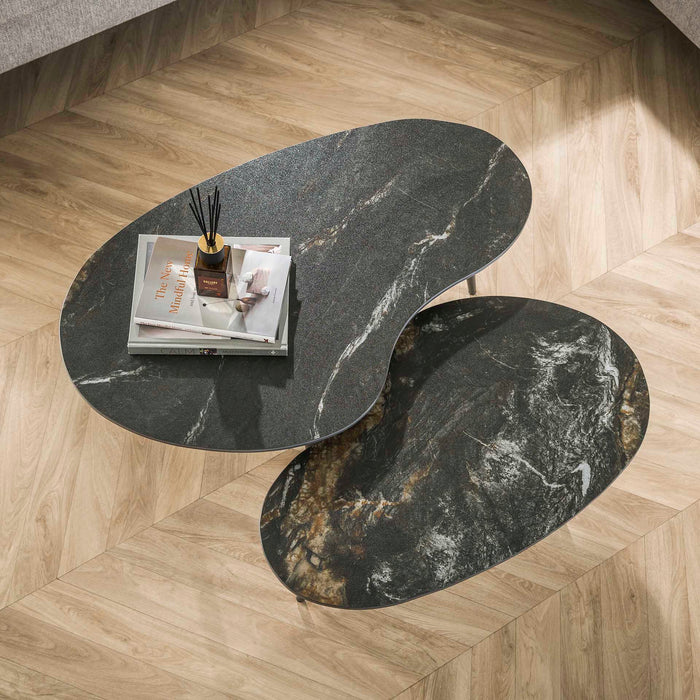 LifestyleFurn Organische Salontafel Antar Niervormig, Keramiek, Set van 2 stuks - Ceramic fossil black