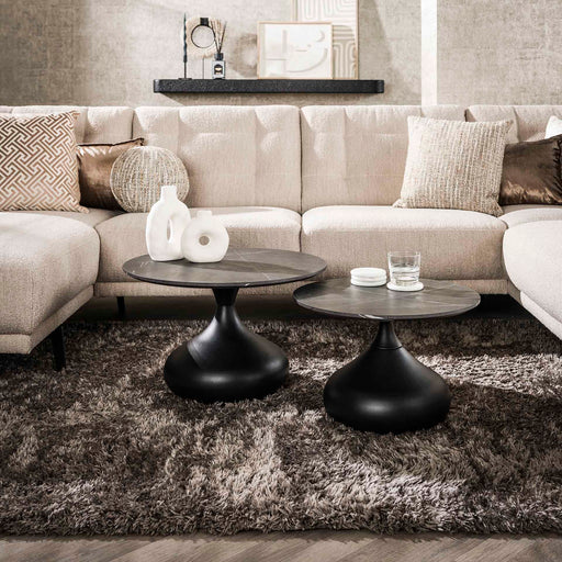 LifestyleFurn Ronde Salontafel Bong Keramieklook, Set van 2 stuk - 3D zwart bruin