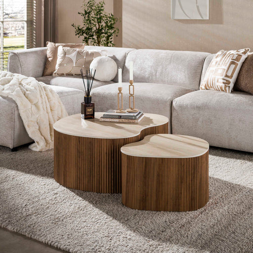 LifestyleFurn Organische Salontafel Akai Keramiek in Travertin-look, Set van 2 stuks - Bruin