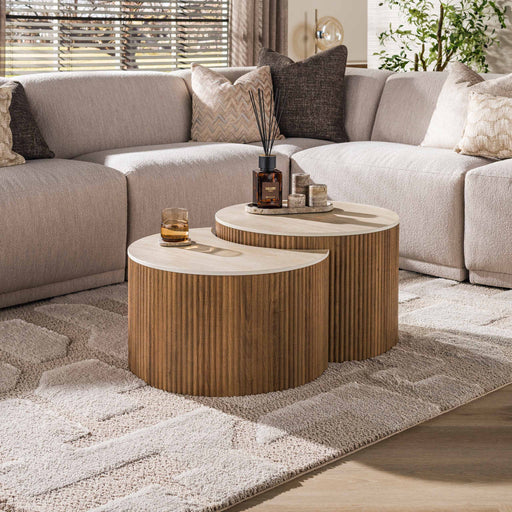 LifestyleFurn Halfronde Salontafel Akai Keramiek in Travertin-look, Set van 2 stuks - Bruin