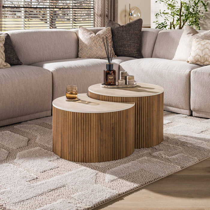 LifestyleFurn Halfronde Salontafel Akai Keramiek in Travertin-look, Set van 2 stuks - Bruin