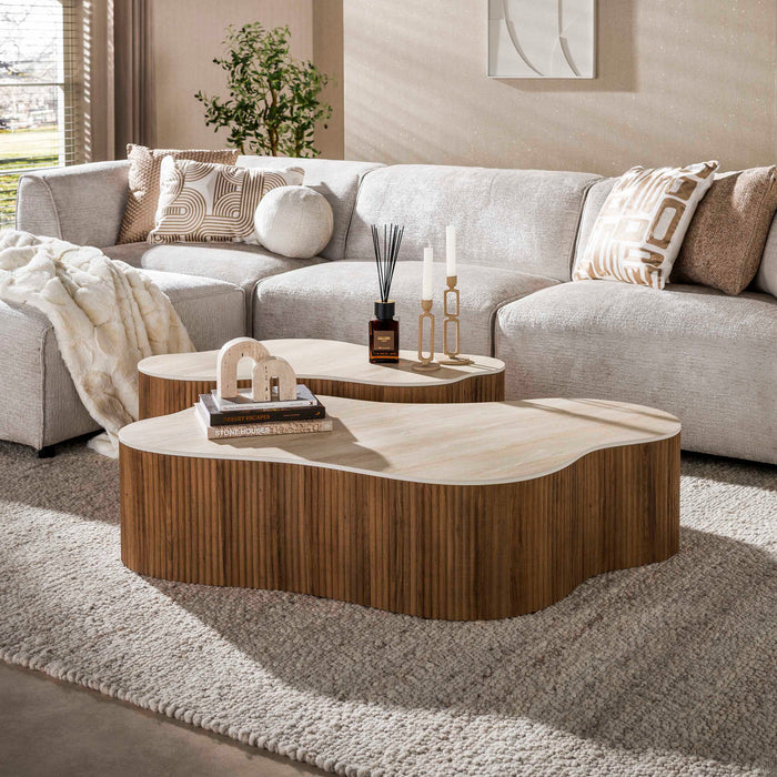 LifestyleFurn Organische Salontafel Akai Keramiek in Travertin-look, Set van 2 stuks - Bruin