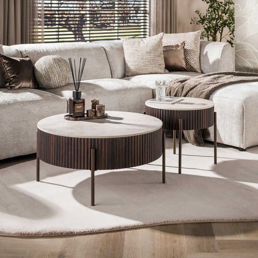 LifestyleFurn Ronde Salontafel Akai Keramiek in Taj Mahal-look, Set van 2 stuks - Bruin - ThatLyfeStyle