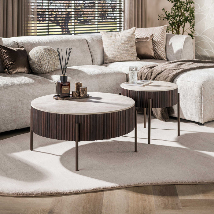 LifestyleFurn Ronde Salontafel Akai Keramiek in Taj Mahal-look, Set van 2 stuks - Bruin
