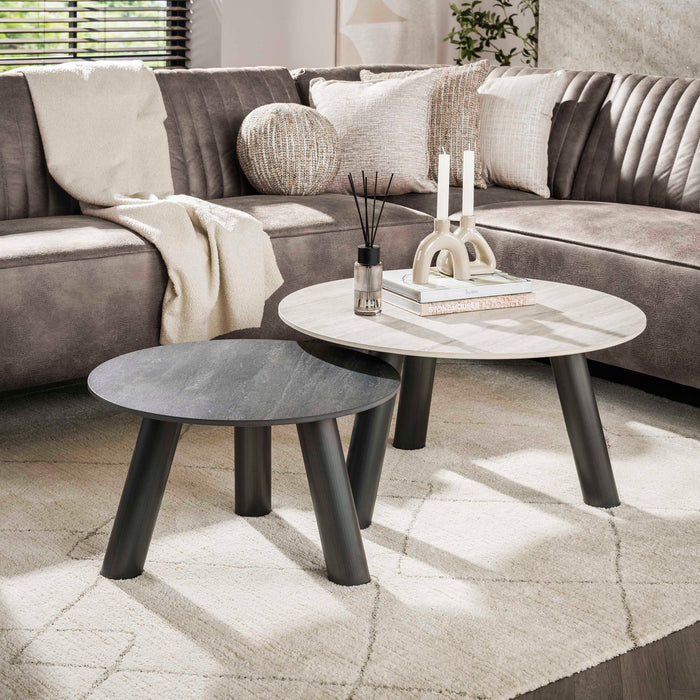 LifestyleFurn Ronde Salontafel Dallen Keramiek met travertinlook, Set van 2 stuks - Grijs - Organisch