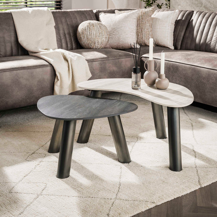 LifestyleFurn Organische Salontafel Dallen Keramiek met travertinlook, Set van 2 stuks - Grijs