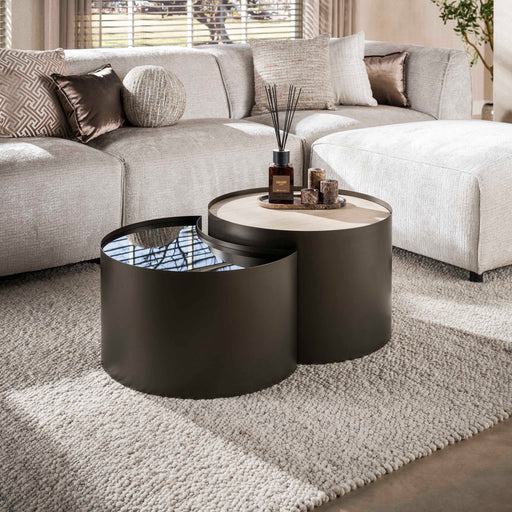LifestyleFurn (Half)ronde Salontafel Kaity Keramiek in Travertinlook en bruin glas, Set van 2 stuks