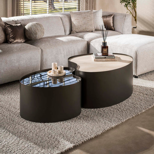 LifestyleFurn Organische Salontafel Kaity Keramiek in Travertinlook en bruin glas, Set van 2 stuks - ThatLyfeStyle