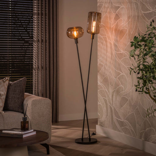 LifestyleFurn Vloerlamp Faiga glas en bruin metaal, 2-lamps