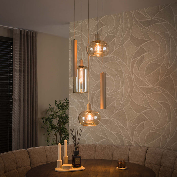 LifestyleFurn Hanglamp Faiga Glas en beige metaal, 5-lamps getrapt