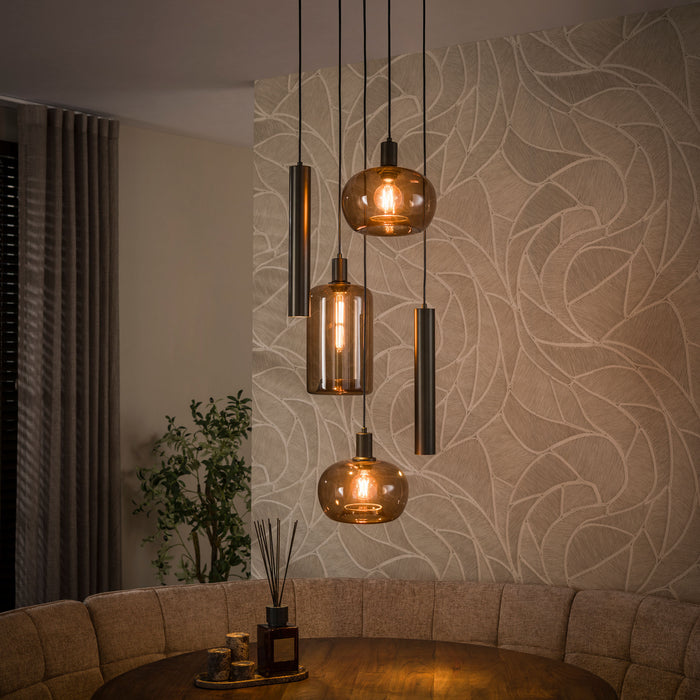 LifestyleFurn Hanglamp Faiga glas en bruin metaal, 5-lamps getrapt
