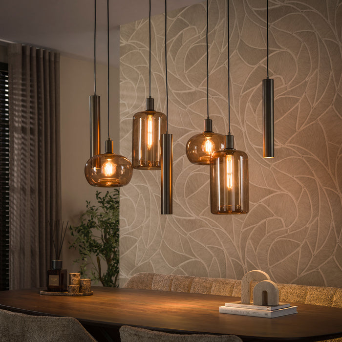 LifestyleFurn Hanglamp Faiga Glas en bruin metaal, 4+3-lamps