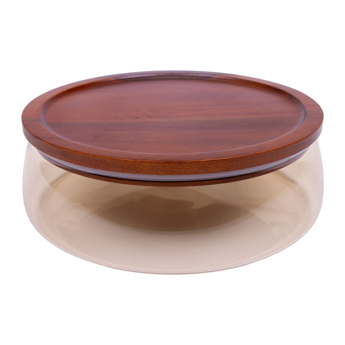 QUVIO Glazen opbergbak - Met deksel - Diameter 23 cm - Glas - Hout - Bruin