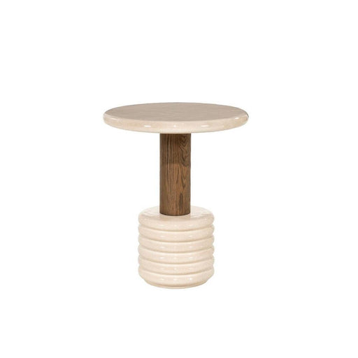Eleonora Ronde Bijzettafel Kyan High gloss beton en eiken, 55cm - Beige