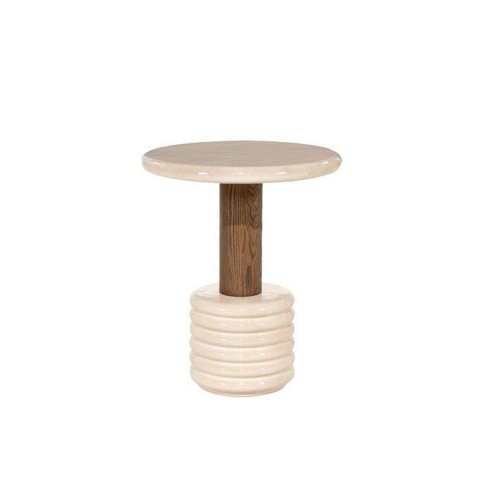 Eleonora Ronde Bijzettafel Kyan High gloss beton en eiken, 55cm - Beige