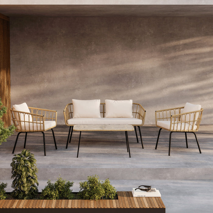 Nohr Loungeset Agustina Rattan, Met bank, 2 loungestoelen en tafel - Naturel