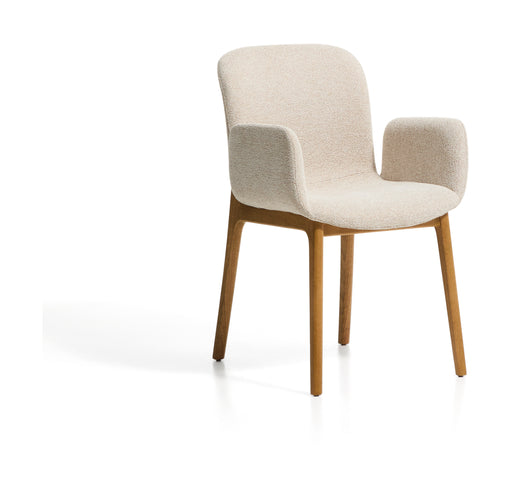 Kave Home Eetkamerstoel Elnor met armleuning, Chenille en eiken - Beige/Naturel
