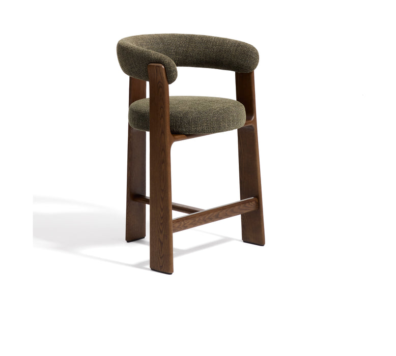 Kave Home Barkruk Granite Met armleuning, Chenille en essenhout - Groen/Bruin (zithoogte 75cm)