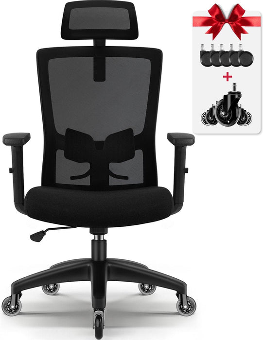 Ergonomische Bureaustoel - Bureaustoelen met Verstelbare Hoofdsteun, Armleuningen en Lendensteun-Office Chair met Schommelend Achteroverleunen tot 135° - Geschikt voor Volwassenen tot 150kg Belasting - Zwart - ThatLyfeStyle