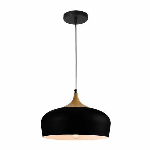 QUVIO Hanglamp Scandinavisch - Rond metaal met houtlook - Diameter 33 cm - Zwart en bruin