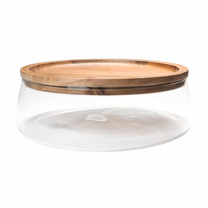 QUVIO Opbergbak met deksel - Diameter 23 cm - Glas en hout