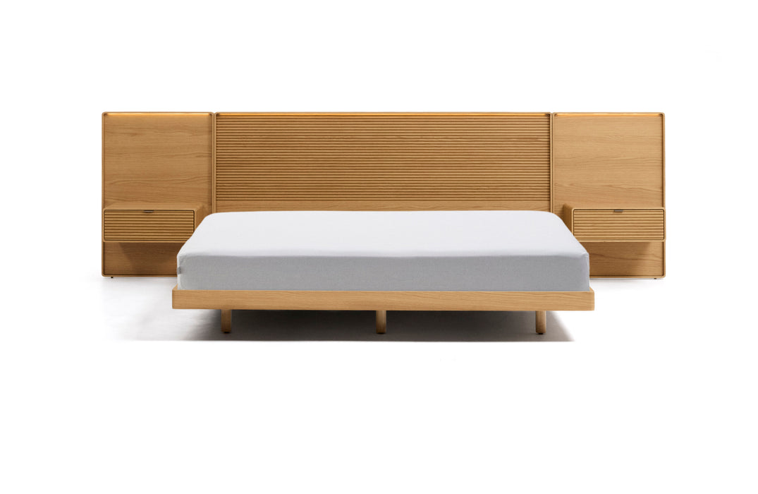 Kave Home Bed Norlen incl. hoofdbord met 2 nachtkastjes, eikenfineer, 160 x 200 cm - naturel