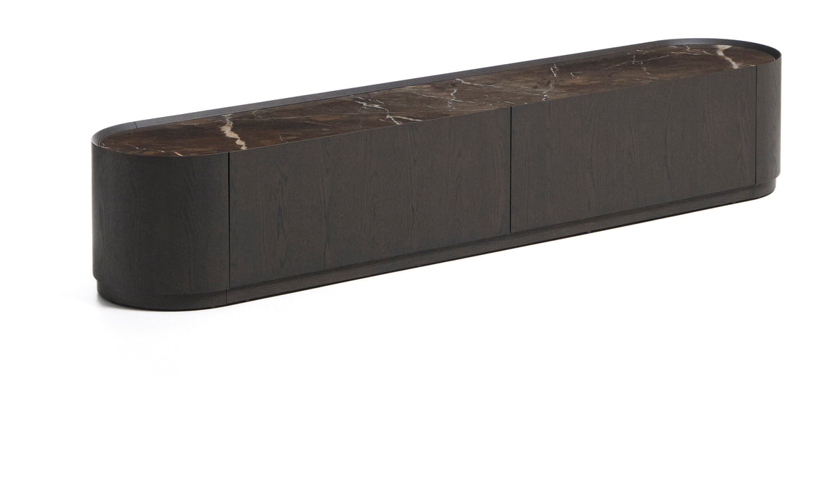 Kave Home TV-meubel Nemore Eiken en marmerlook, met 2 lades, 200 cm - Donkerbruin