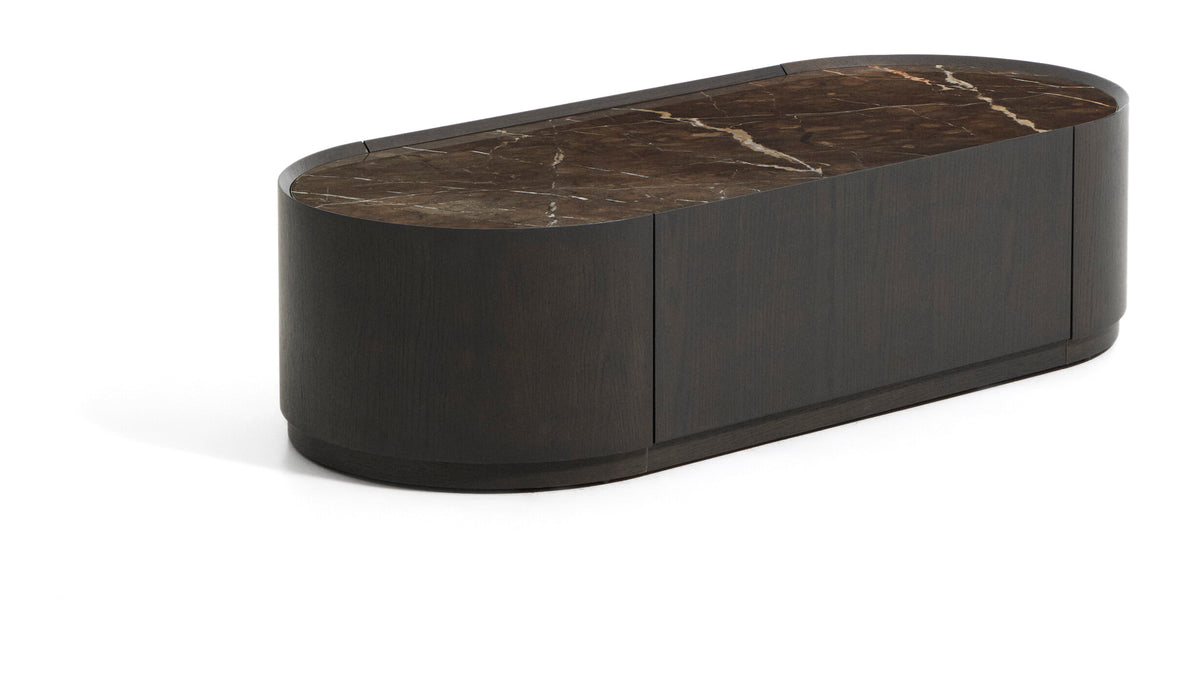 Kave Home Ovale Salontafel Nemore Eiken en marmerlook, Met 1 lade, 140 x 60cm - Donkerbruin - Ovaal