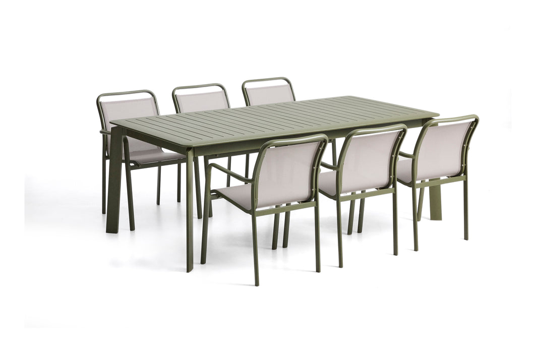 Kave Home Tuinset Brela Met Brela uitschuifbare tafel en 6 Luri stoelen, 205/287 x 100cm - Groen/Beige