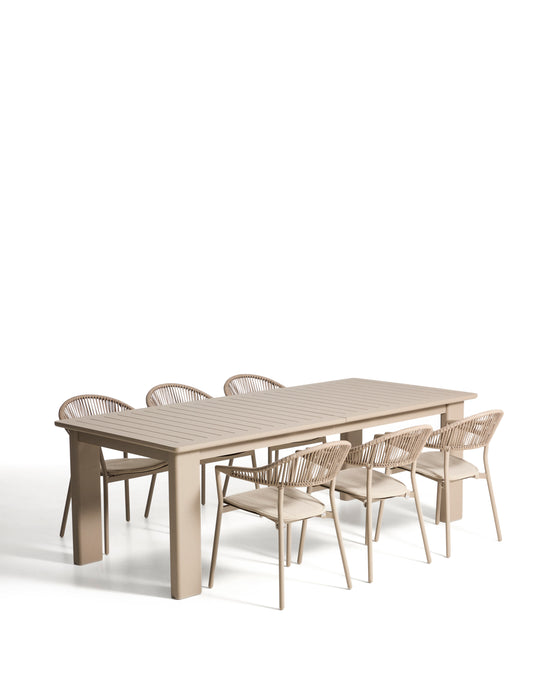 Kave Home Tuinset Livorno Met Livorno uitschuifbare tuintafel en 6 Alimia stoelen, 233/350 x 100cm - Taupe