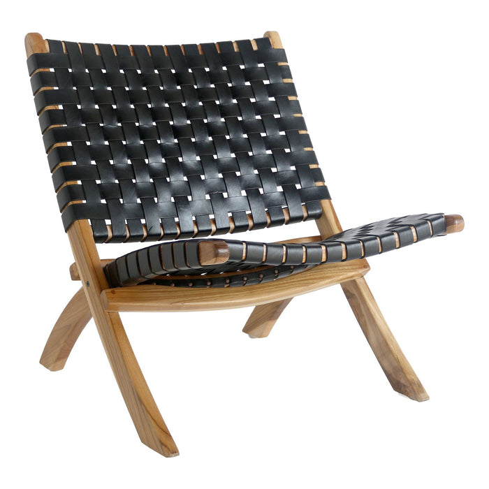 QUVIO Fauteuil Turijn - Zwart leer - Teakhouten poten