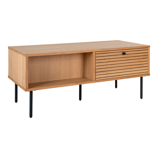 QUVIO Salontafel Tallinn - Eikenfineer - Zwarte metalen poten - 2 lades